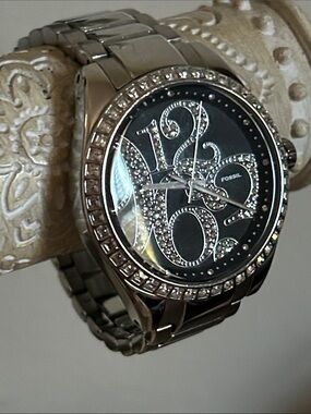 Fossil Silver Crystal Abstract Numeric Bling Accent Watch with Black Dial EUC